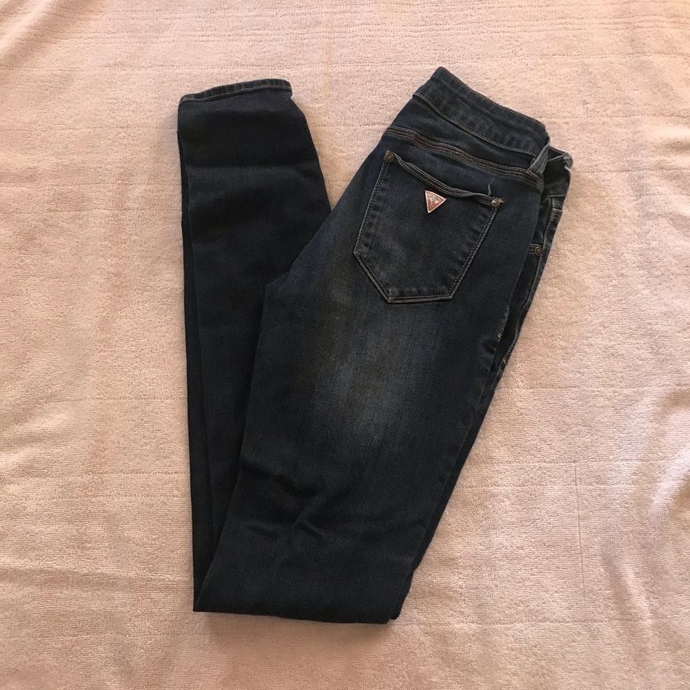 Dark wash, distressed skinny jeans